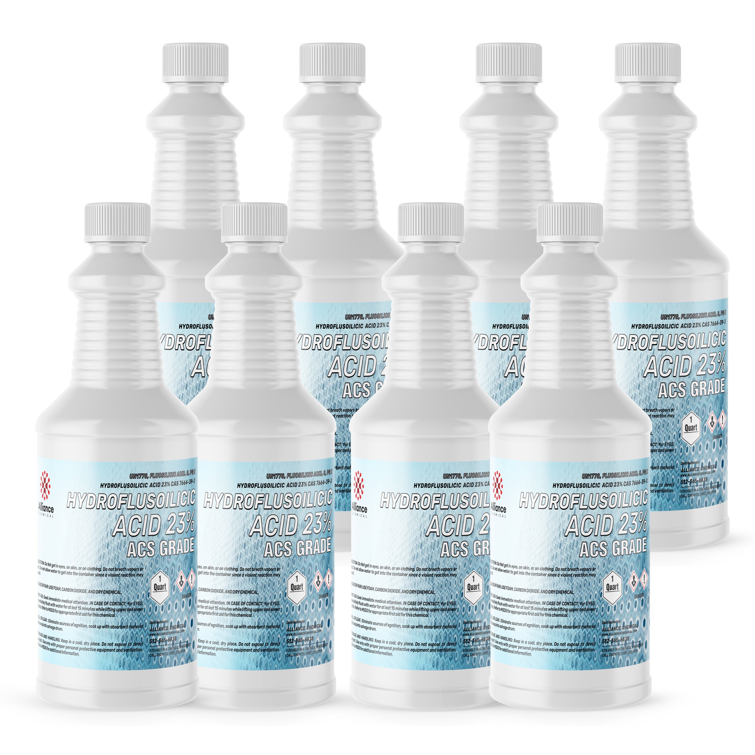 8x1 quart Hydrofluorosilicic Acid 23% ACS Grade in white HDPE bottles with ribbed design, blue labels, and GHS hazard warning symbols.